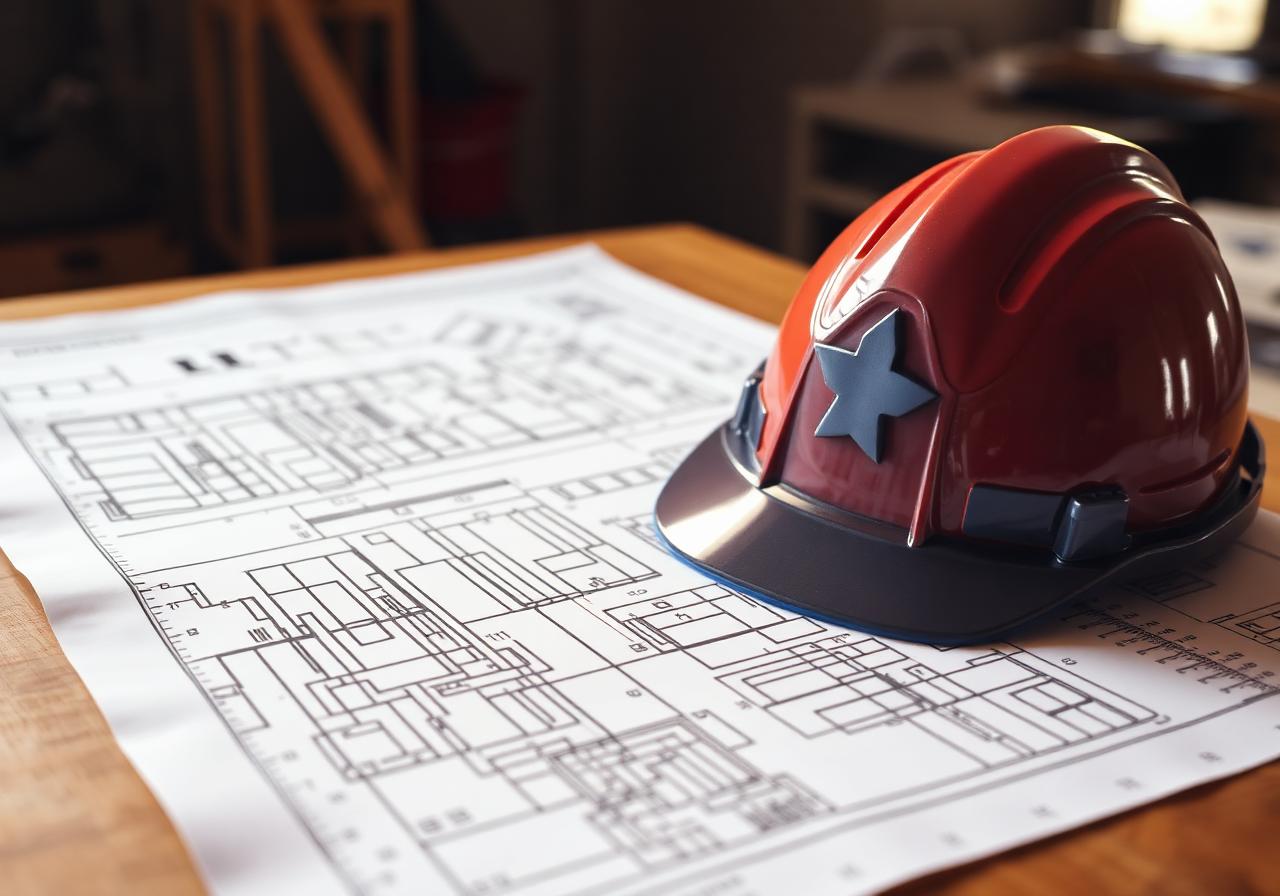 Construction blueprints and hardhat