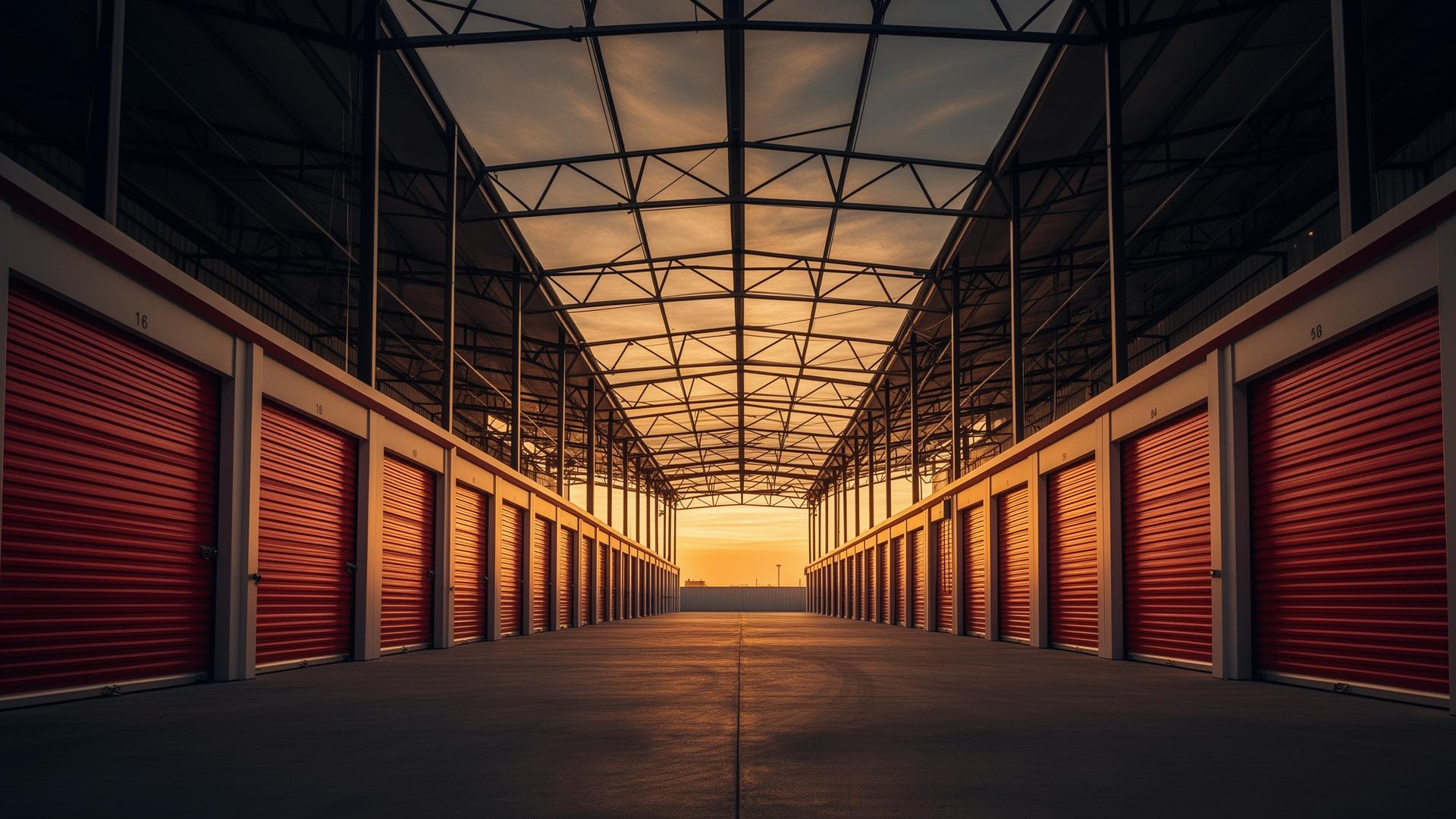 Steel self-storage facility at sunset in Texas